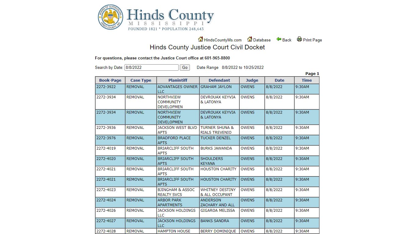 Hinds County Justice Court Civil Docket